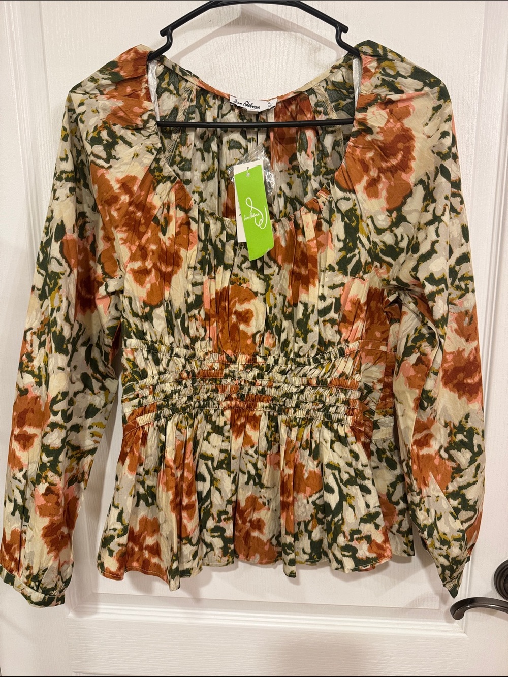 Sam Edelman Floral Smocked Waist Long-Sleeve Top - Cream, Rust & Olive